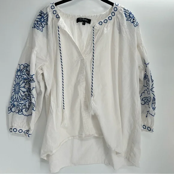 Anthropologie RD + Koko White Linen Blend Boho Blouse Embroidered Peasant Top - Picture 1 of 8